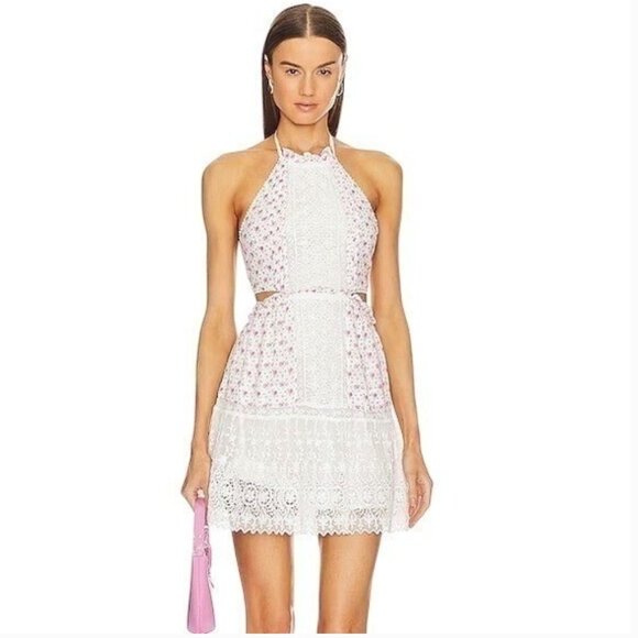 LoveShackFancy Dresses & Skirts - LoveShackFancy Kesia Floral Halter Lace Mini Dress in Poppy Pink NWT